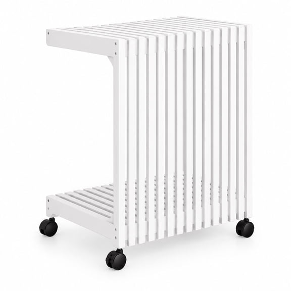 Mobile PC Tower Stand with Caster Wheels, 2-Tier White Bamboo CPU Holder Cart for Floor and Carpet, 24In