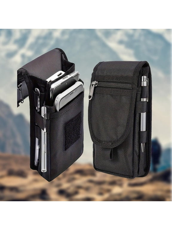 Tactical Phone Waist Bag, Black Nylon Flip Top Belt Pouch with Pen Holder Zipper Pocket for Men Outdoor EDC