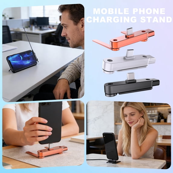 Mobile Phone Charging Stand USB C Docking Station Portable Desktop Holder for Smartphones Foldable Metal Kickstand Base for Office Home Travel Use Sliver