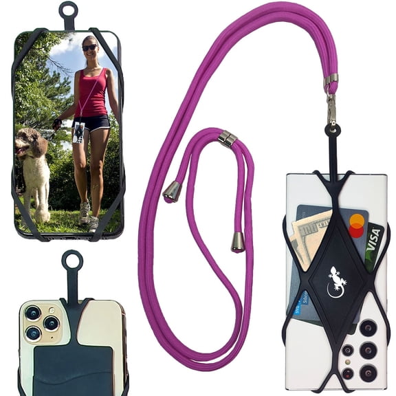 Mobile Phone Crossbody Chain Back Clip - by Gecko Neck Phone Holder Phone Lanyard Compatible with iPhone Lanyards for Around The Neck (Violet XL Neck - Black Diamond)