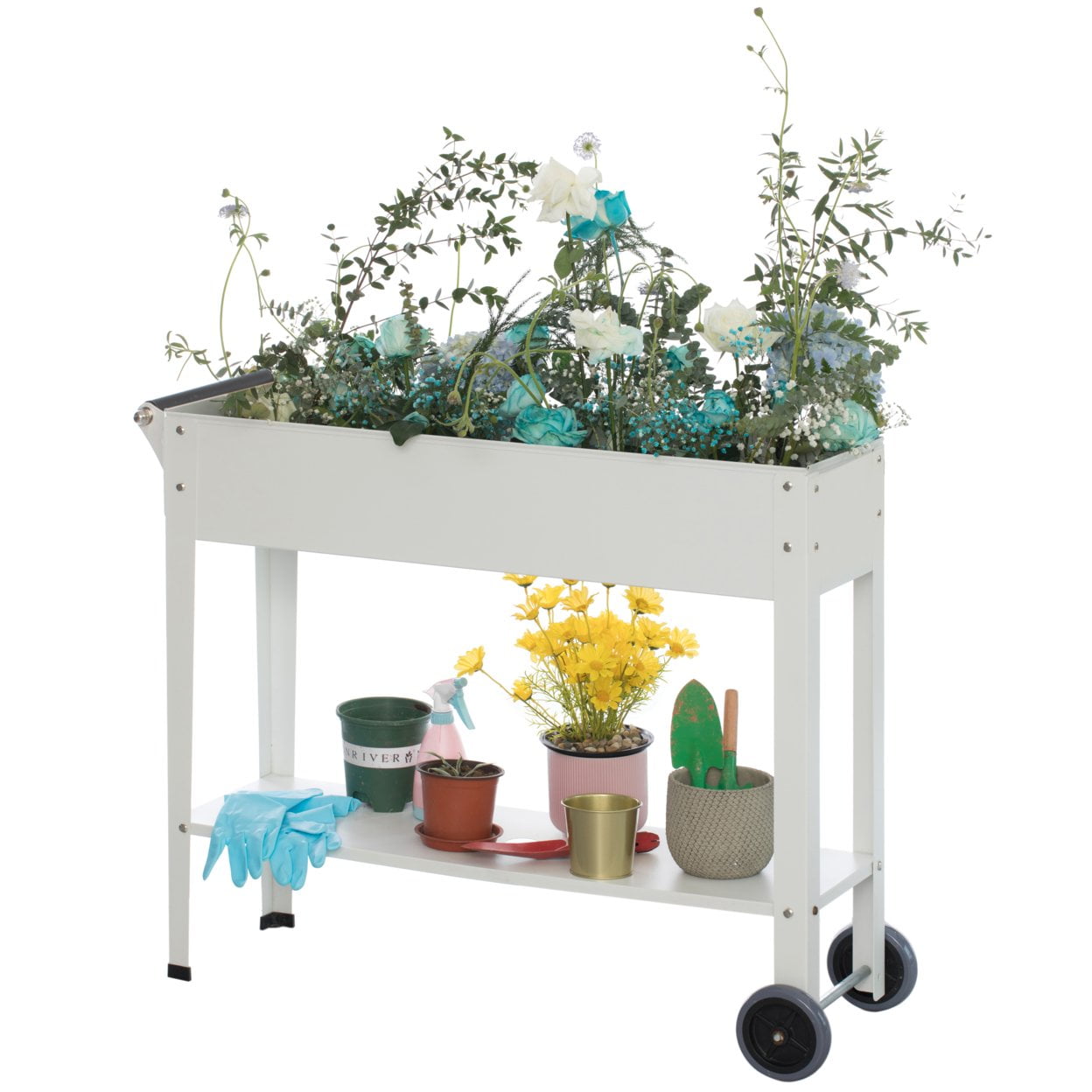 Elevated White Metal Mobile Planter Cart with Storage Shelf