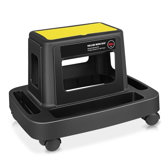 Mobile Plastic Tool Seat Rolling Garage Work Stool with Under-Seat Storage and Tray for Workshop Auto Repair Shop, Yellow/Black