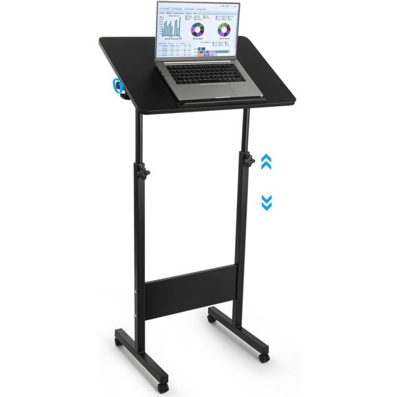 Mobile Podium Adjustable Standing Desk with Caster Wheels, 360° Swivel Desktop Laptop Stand, Presentation Lectern Easel Stand Up Desk
