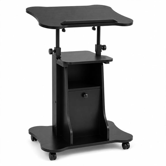 Mobile Podium Stand, Sit-to-Stand Laptop Cart (Black, 1 Pack) | Tilting Tabletop & Storage Cabinet, Lockable Casters, Height-adjustable Rolling Lectern for Classroom, Church, Home Office