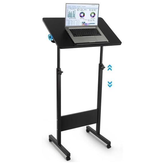 Mobile Podium Standing Desk, Adjustable Height 360 Swivel Laptop Desk, Presentation Lectern with Wheels - Black