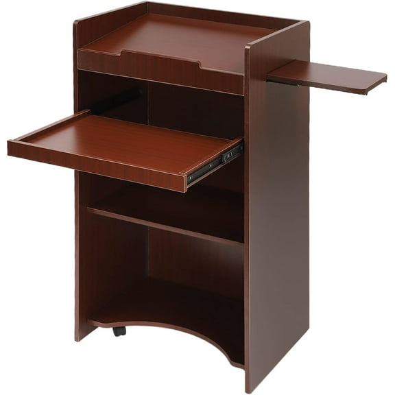 Mobile Portable Lectern Podium Stand, Standing Podium Stand with Wheels, Mobile Standing Laptop Desk with Storage Shelf, Wooden Speaking Lectern, for Home Office Classroom Pulpit (Reddish-Brown)