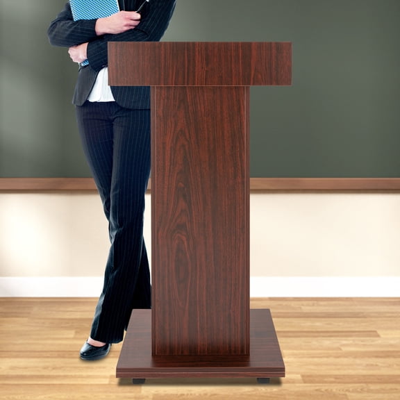 Mobile Presentation Stand with 3-Tier Storage 66lbs Capacity Rolling Lectern Podium on Wheels, 43.3" Fixed Height, for Classroom Church Office Conference Room (Brown)