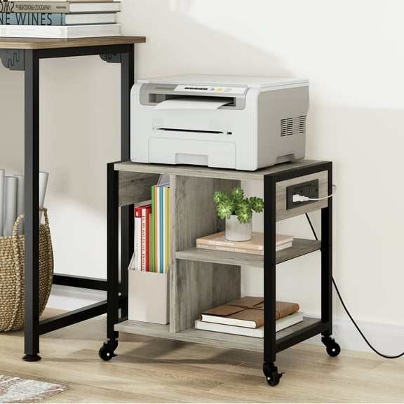 Mobile Printer Stand with Power Outlets & USB Ports, 3/4-Tier Rolling Cart with Storage Shelf, Lockable Wheels, Under Desk Organizer for Desktop or 3D Printer