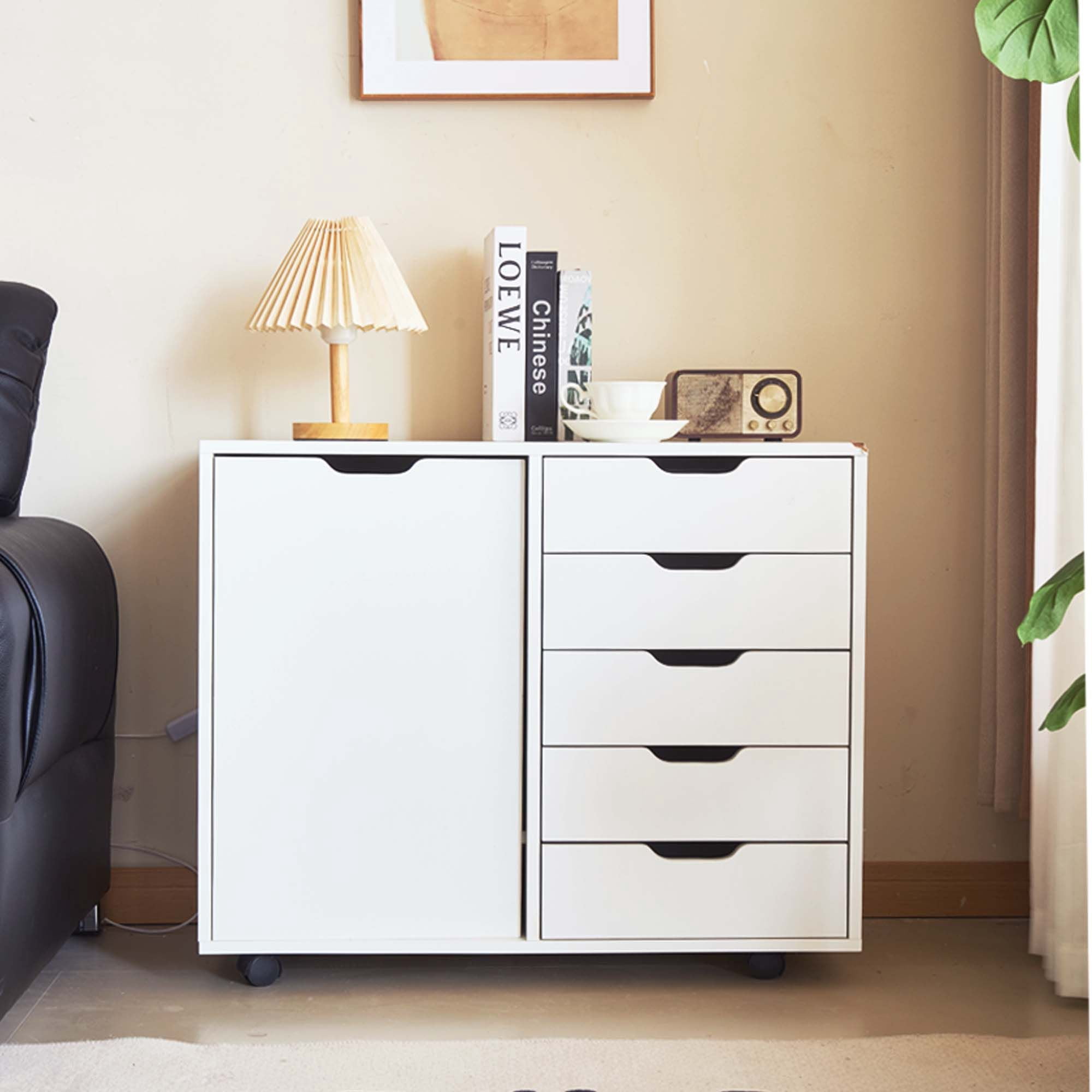 Mobile Printer Stand Storage Cabinet with 5 Drawers & Enclosed Cabinet, Rolling Wheeled Chest of Drawers for Home Office Living Room, Max Load 100lbs