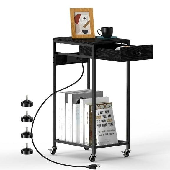 Mobile Printer Stand with Storage Drawer & Charging Station, Rolling Small Printer Cart with Wheels for Home Office, Label Maker, Shredder, Scanner Organizer,Black