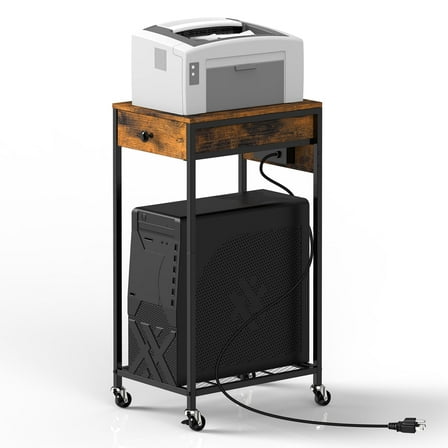 Mobile Printer Stand with Storage Drawer & Charging Station, Rolling Small Printer Cart with Wheels for Home Office, Label Maker, Shredder, Scanner Organizer，Brown