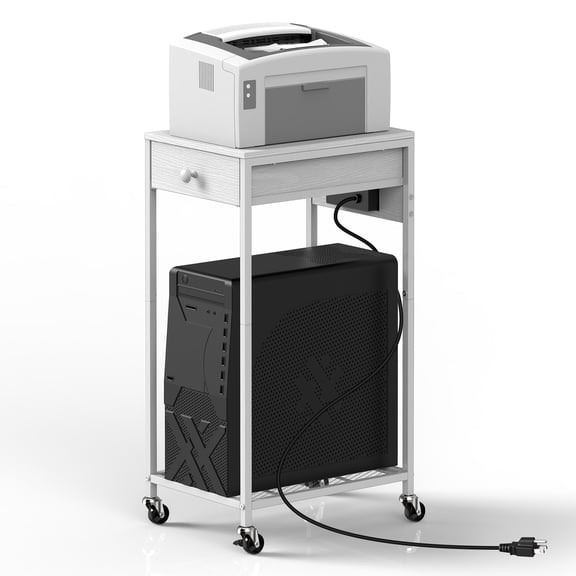 Mobile Printer Stand with Storage Drawer & Charging Station, Rolling Small Printer Cart with Wheels for Home Office, Label Maker, Shredder, Scanner Organizer,White