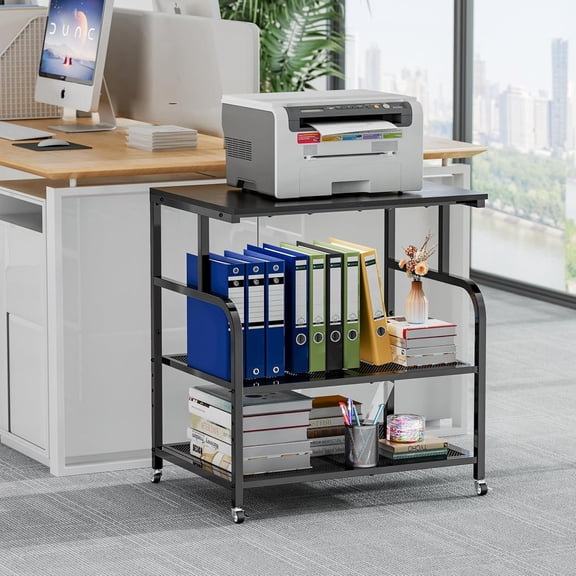 Mobile Printer Stand with Large Desktop - 3 Tier Shelf, 24.4 Inch Height, Wooden Organizer for Home&Office, Black