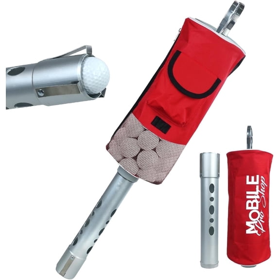 Mobile Pro Shop Shag Bag Golf Ball Retriever – Shag Bags for Golf Balls w/ Aluminum Tube & Handle - Holds up to 80 Balls, Red