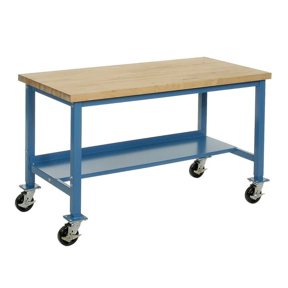 Mobile Production Workbench, Maple Butcher Block Square Edge, 72"W x 36"D, Blue