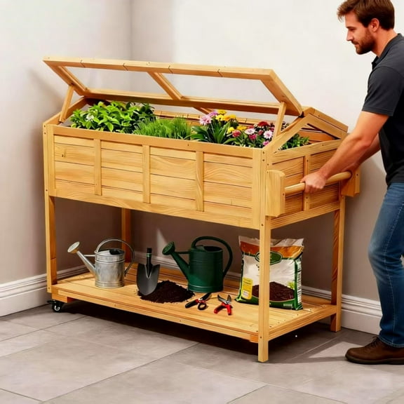 Mobile Raised Garden Bed, Elevated Wooden Planter Box Cart with Storage Shelf ,Cold Frame with Translucent PC Protection,Nature
