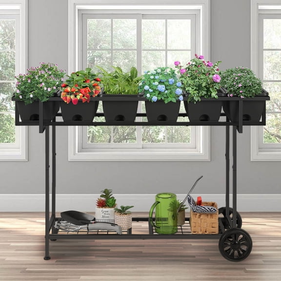 Mobile Raised Garden Cart with 6 Planting Trays 2-Tier Metal Elevated Planter Stand with Storage Shelf & Wheels for Balcony