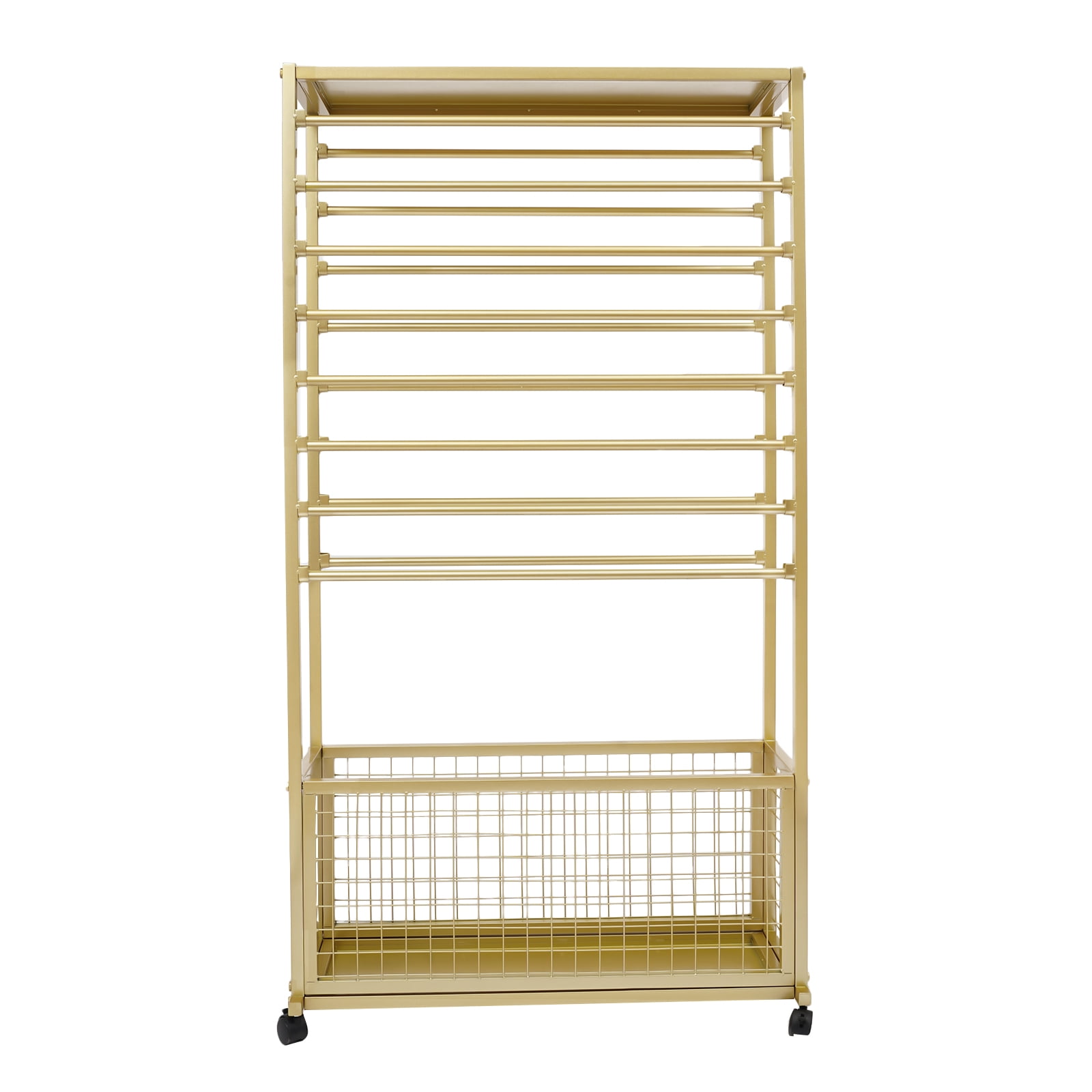 Mobile Ribbon Holder with 16 Hanging Rods, Gold, for Florists, Dyeing Factories, Homes, Hotels to Hold Wrapping Paper, Ribbons, Scarves, Clothes, and More