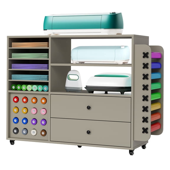 Mobile Rolling Craft Storage Cabinet with 2 Drawers, 24 Vinyl Roll Holders, Adjustable Shelves, Lockable Wheels, Organizer Cart for Office, Studio, Home