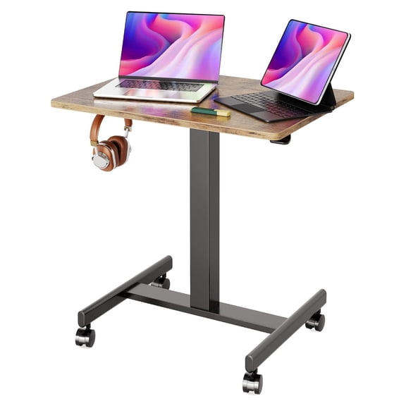 Mobile Rolling Desk Small Portable Laptop Cart on Wheels 26 Inch Brown Height Adjustable Standing Desk with Lockable Casters for Home Office Bedroom