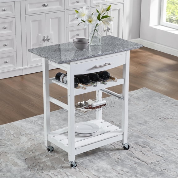Mobile Rolling Kitchen Island Cart with Marble Top, Kitchen Trolley with Drawer & Slide-Out Wire Basket, Lockable Wheels, Portable Serving Cart for Kitchen, Dining Room, White