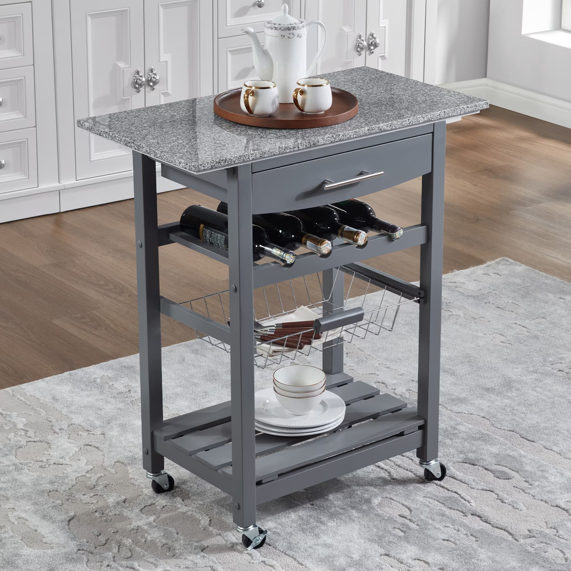 Mobile Rolling Kitchen Island Cart with Marble Top, Kitchen Trolley with Drawer & Slide-Out Wire Basket, Lockable Wheels, Portable Serving Cart for Kitchen, Dining Room, Grey