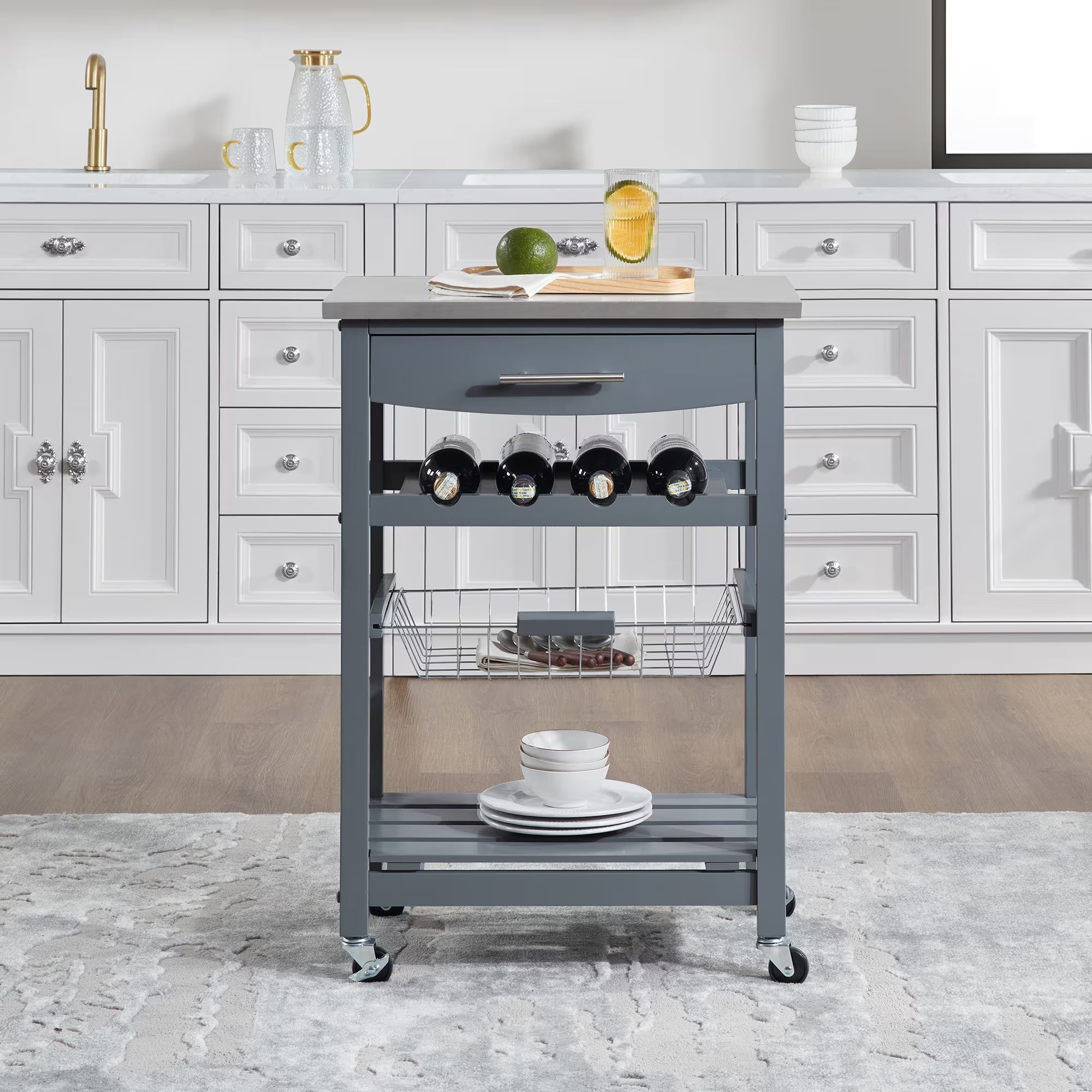 Mobile Rolling Kitchen Island Cart with Stainless Steel Top, Kitchen Trolley with Drawer, Slide-Out Wire Basket, Lockable Wheels, Portable Serving Cart for Kitchen, Dining Room, Grey