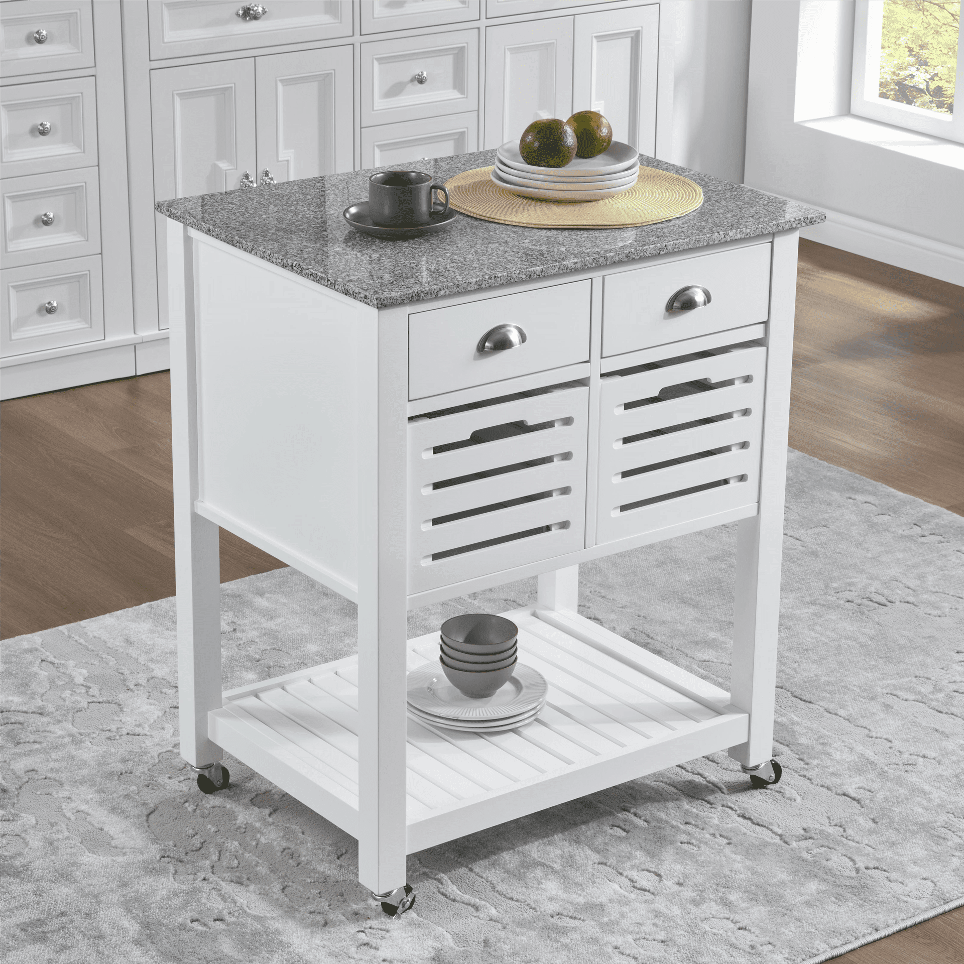 Mobile Rolling Kitchen Island Trolley Serving Cart with 2 Drawers & Slide-Out Wire Storage Basket