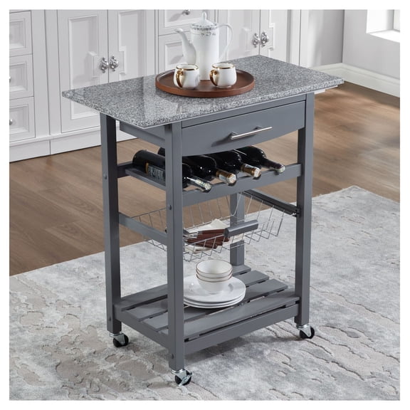 Mobile Rolling Kitchen Island Trolley Serving Cart with Underneath Drawer & Slide-Out Wire Storage Basket Grey Marble+Metal