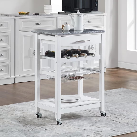 Mobile Rolling Kitchen Island Trolley Serving Cart with Underneath Drawer & Slide-Out Wire Storage Basket