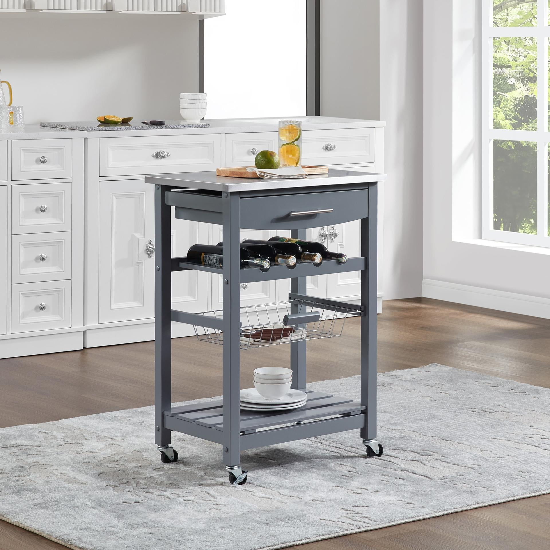Mobile Rolling Kitchen Island Trolley Serving Cart with Underneath Drawer & Slide-Out Wire Storage Basket