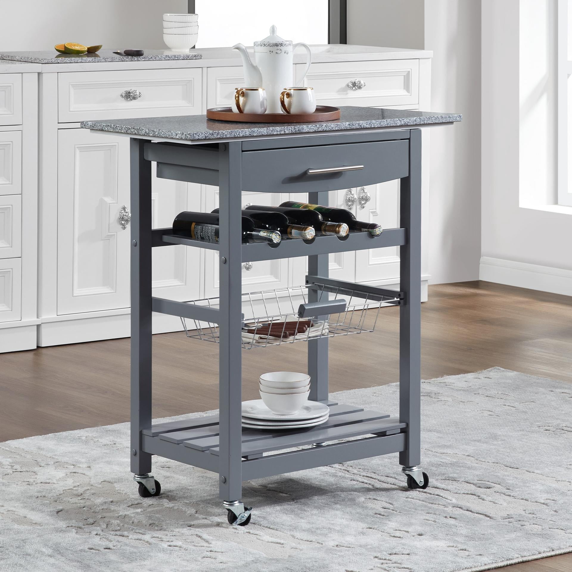 Mobile Rolling Kitchen Island Trolley Serving Cart with Underneath Drawer & Slide-Out Wire Storage Basket