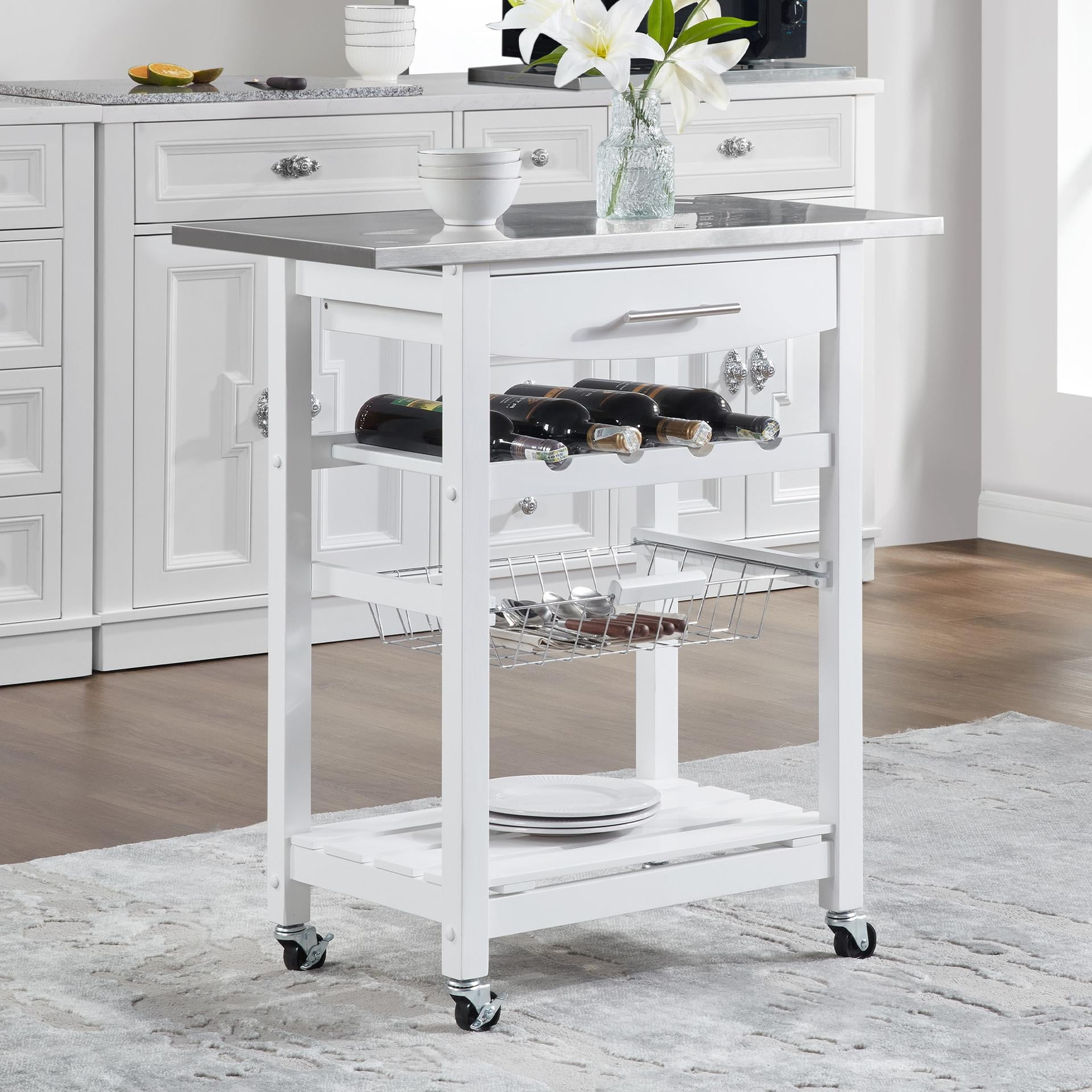 Mobile Rolling Kitchen Island Trolley Serving Cart with Underneath Drawer & Slide-Out Wire Storage Basket