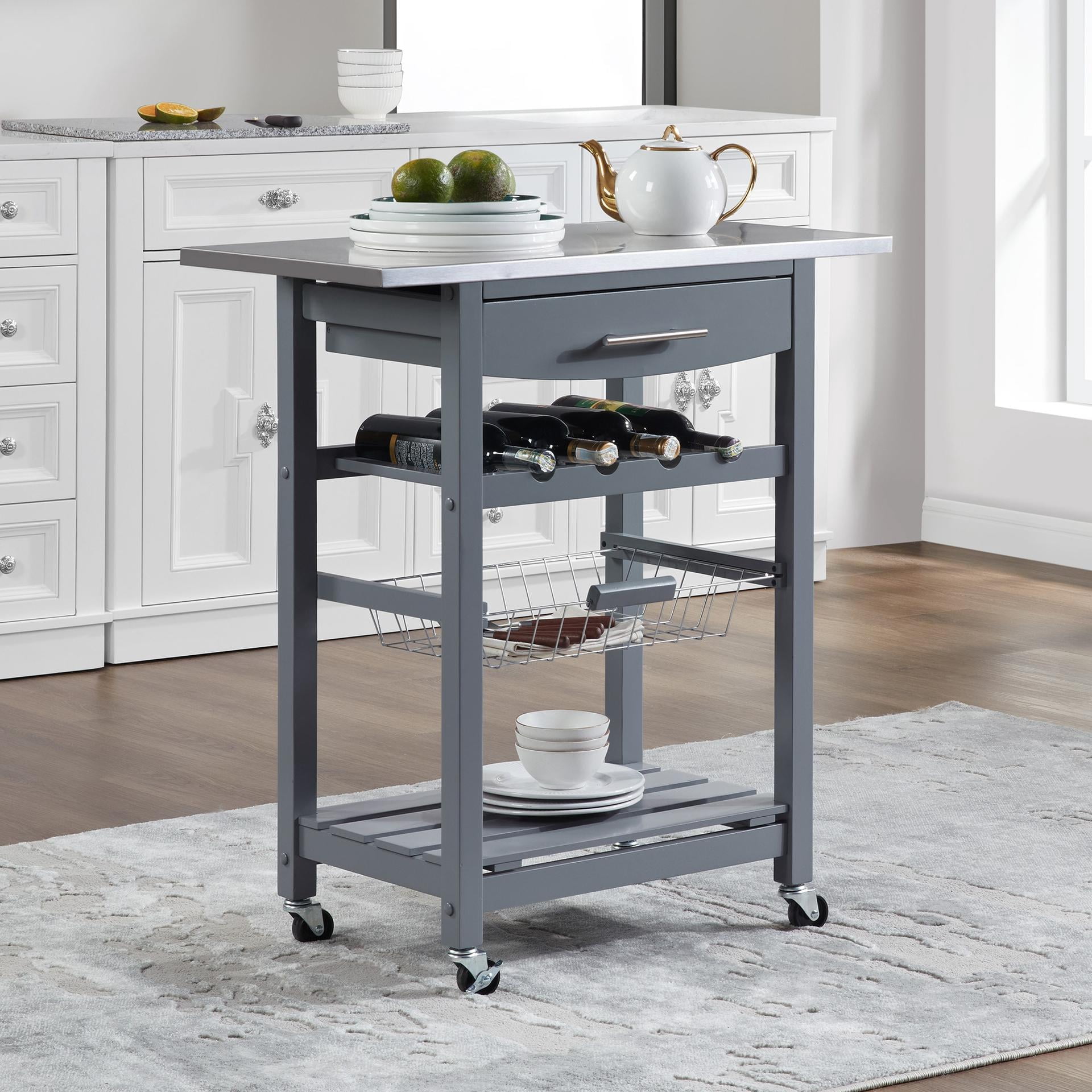 Mobile Rolling Kitchen Island Trolley Serving Cart with Underneath Drawer & Slide-Out Wire Storage Basket