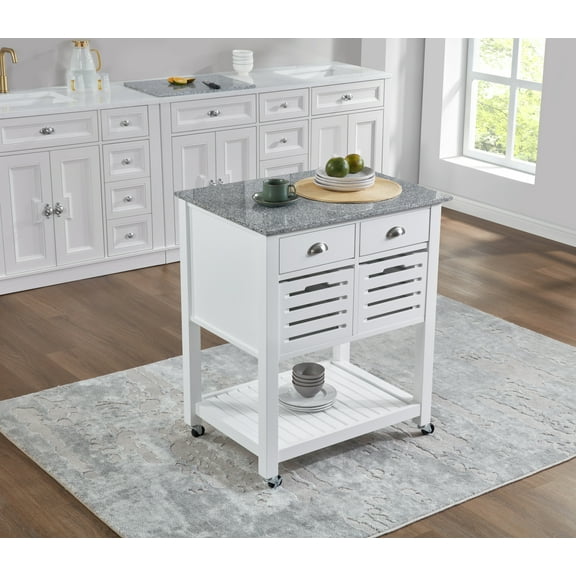 Mobile Rolling Kitchen Island Trolley with Marble Top, Drawer & Slide-Out Basket ,White