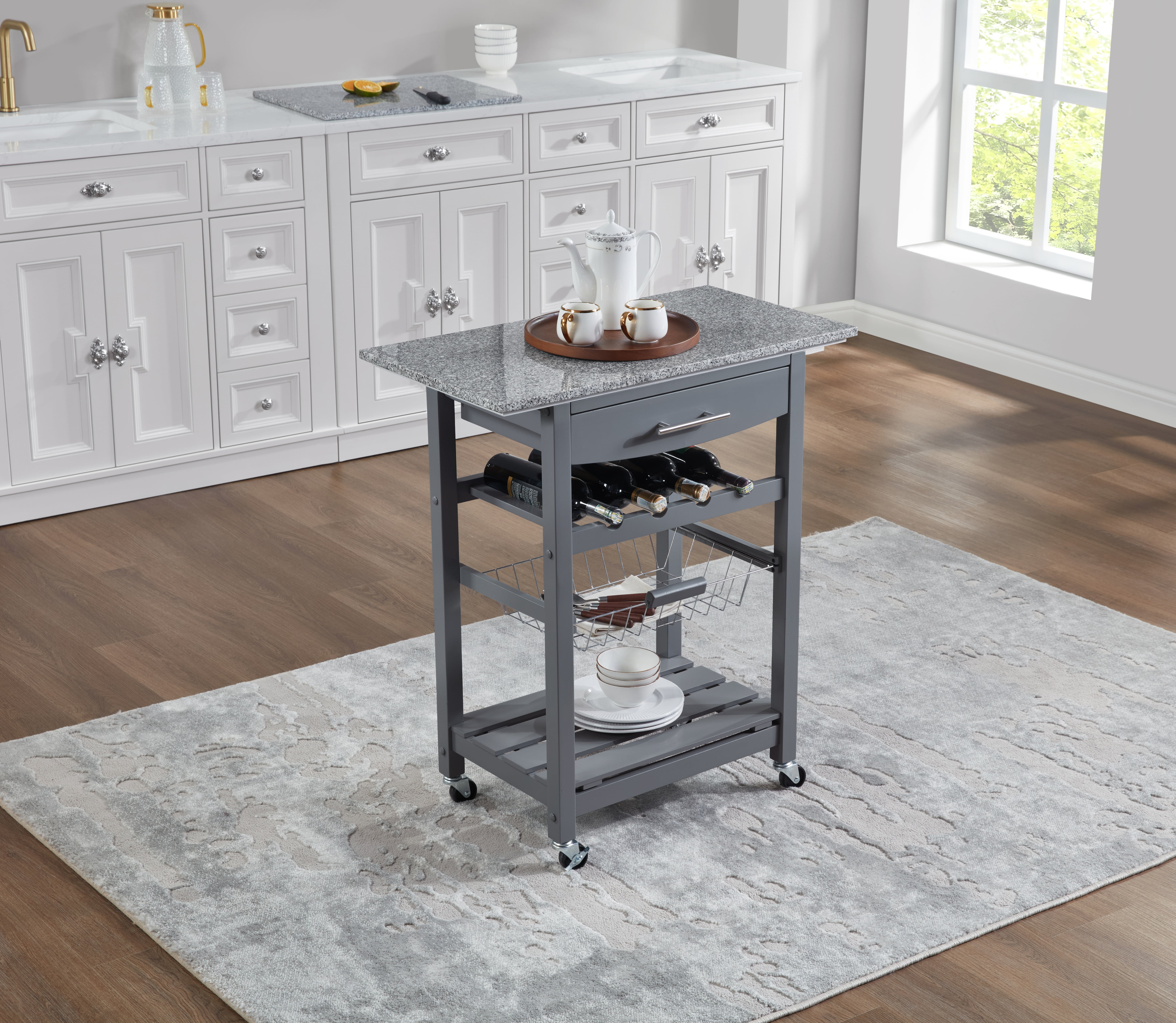 MAYEERTY Mobile Rolling Kitchen Island Trolley with Marble Top, Drawer & Storage Basket ,Grey