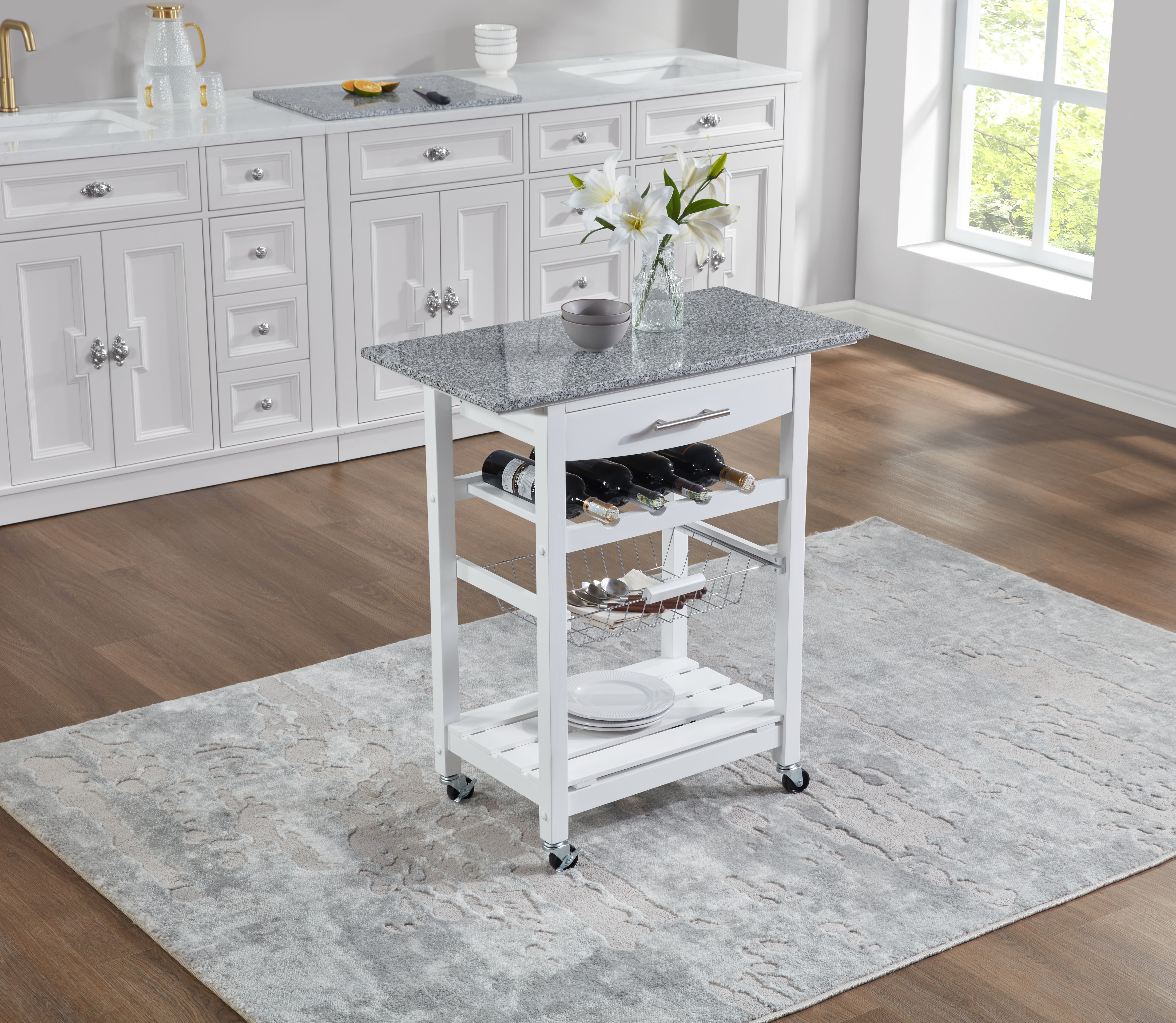 MAYEERTY Mobile Rolling Kitchen Island Trolley with Marble Top, Drawer & Storage Basket ,White