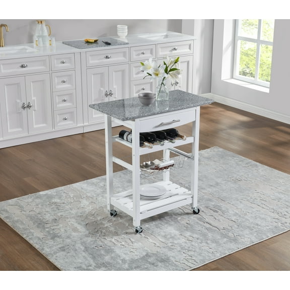 Mobile Rolling Kitchen Island Trolley with Marble Top, Drawer & Storage Basket ,White