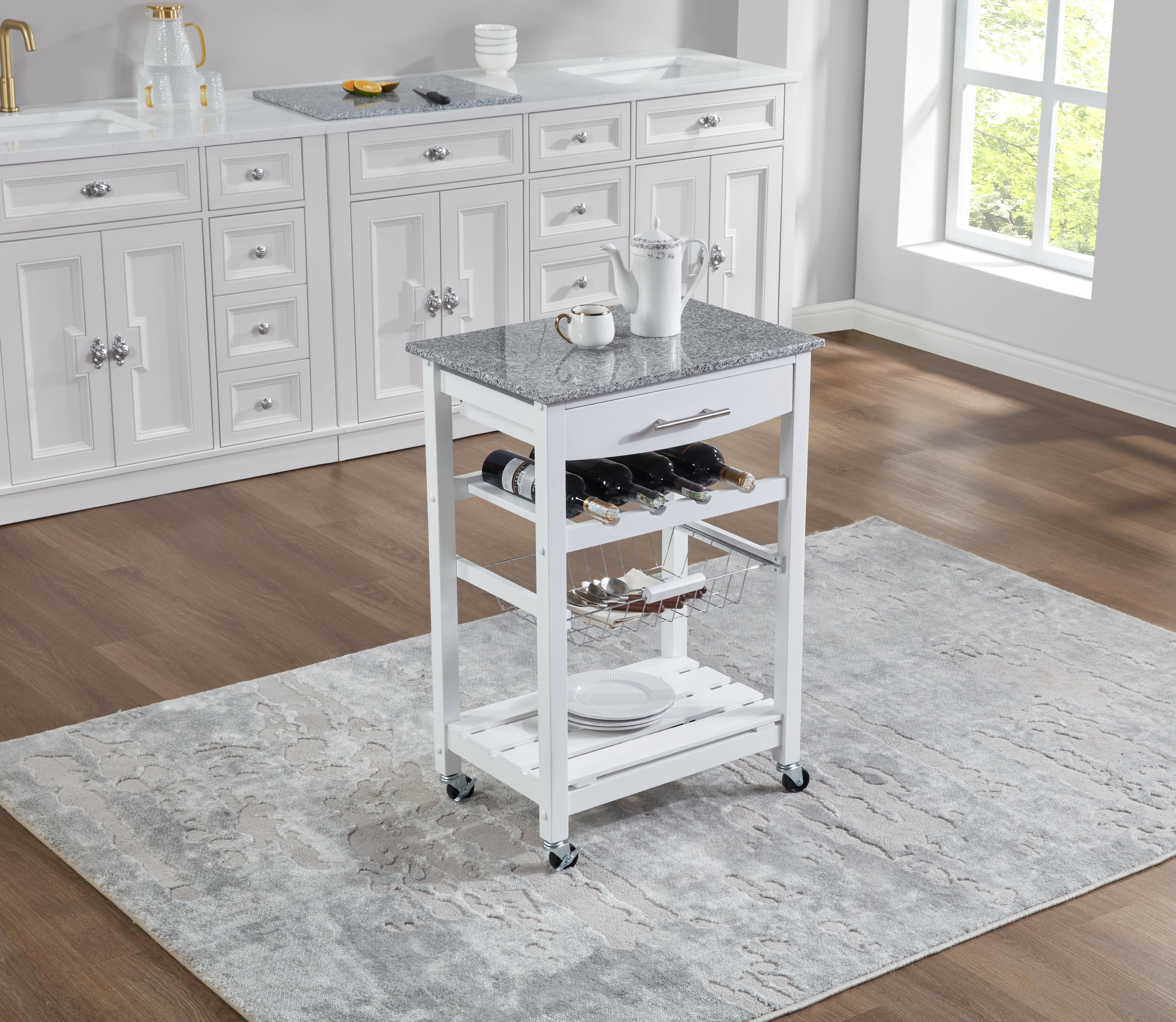 MAYEERTY Mobile Rolling Kitchen Island with Marble Top, Drawer & Storage Basket