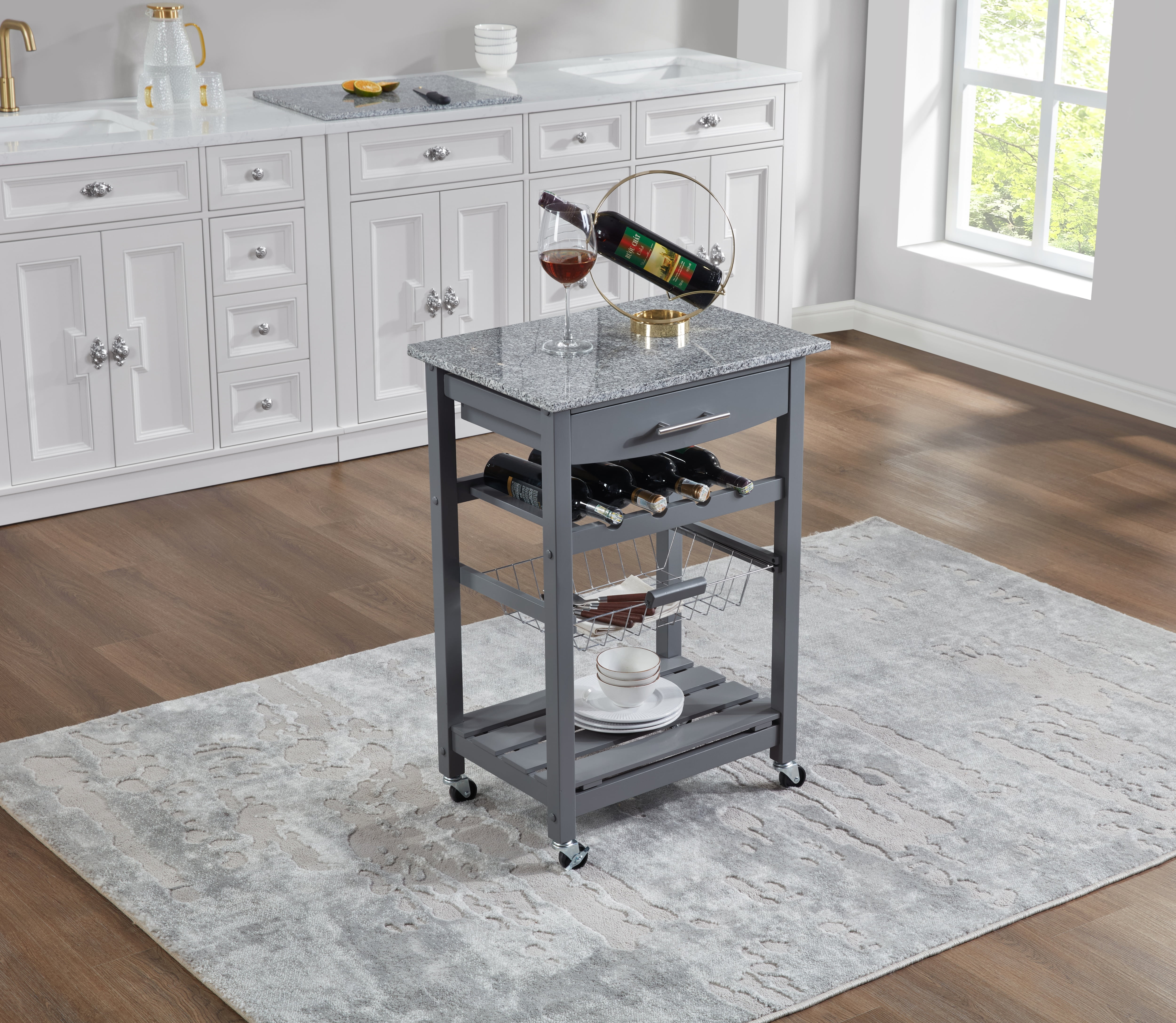 Mobile Rolling Kitchen Island with Marble Top, Drawer & Storage Basket