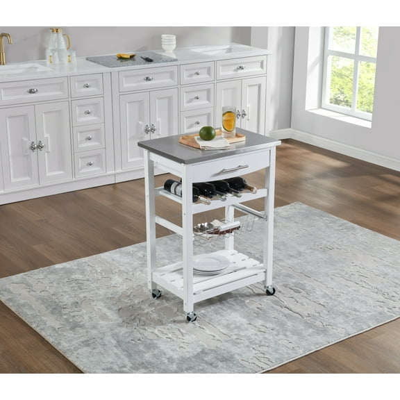 Mobile Rolling Kitchen Island with Stainless Steel Top, Drawer & Storage Basket