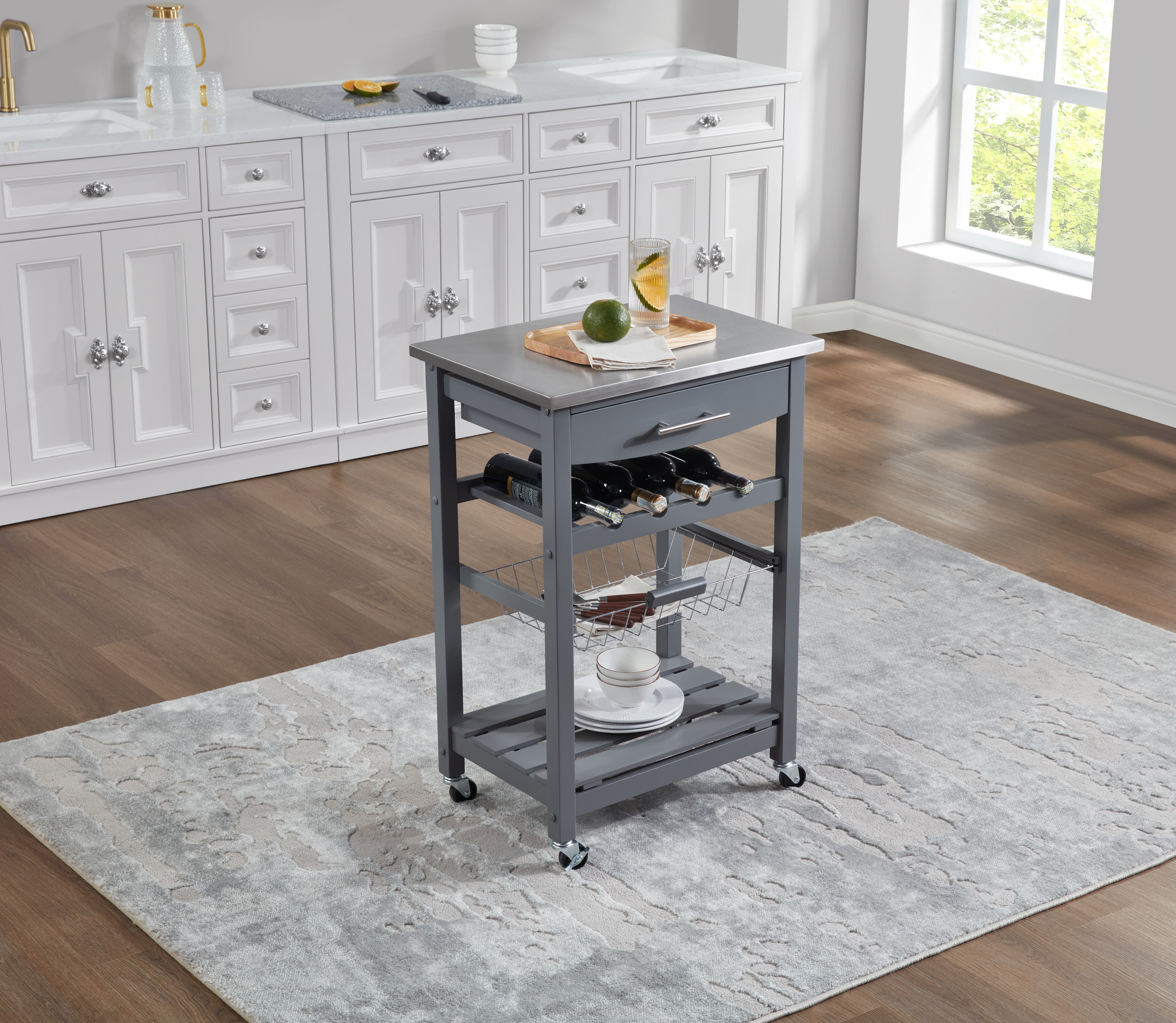 Mobile Rolling Kitchen Island with Stainless Steel Top, Drawer & Storage Basket