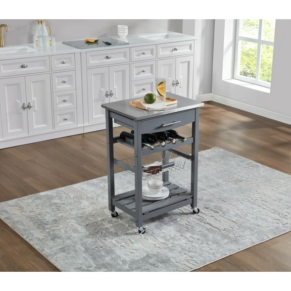 Mobile Rolling Kitchen Island with Stainless Steel Top, Drawer & Storage Basket