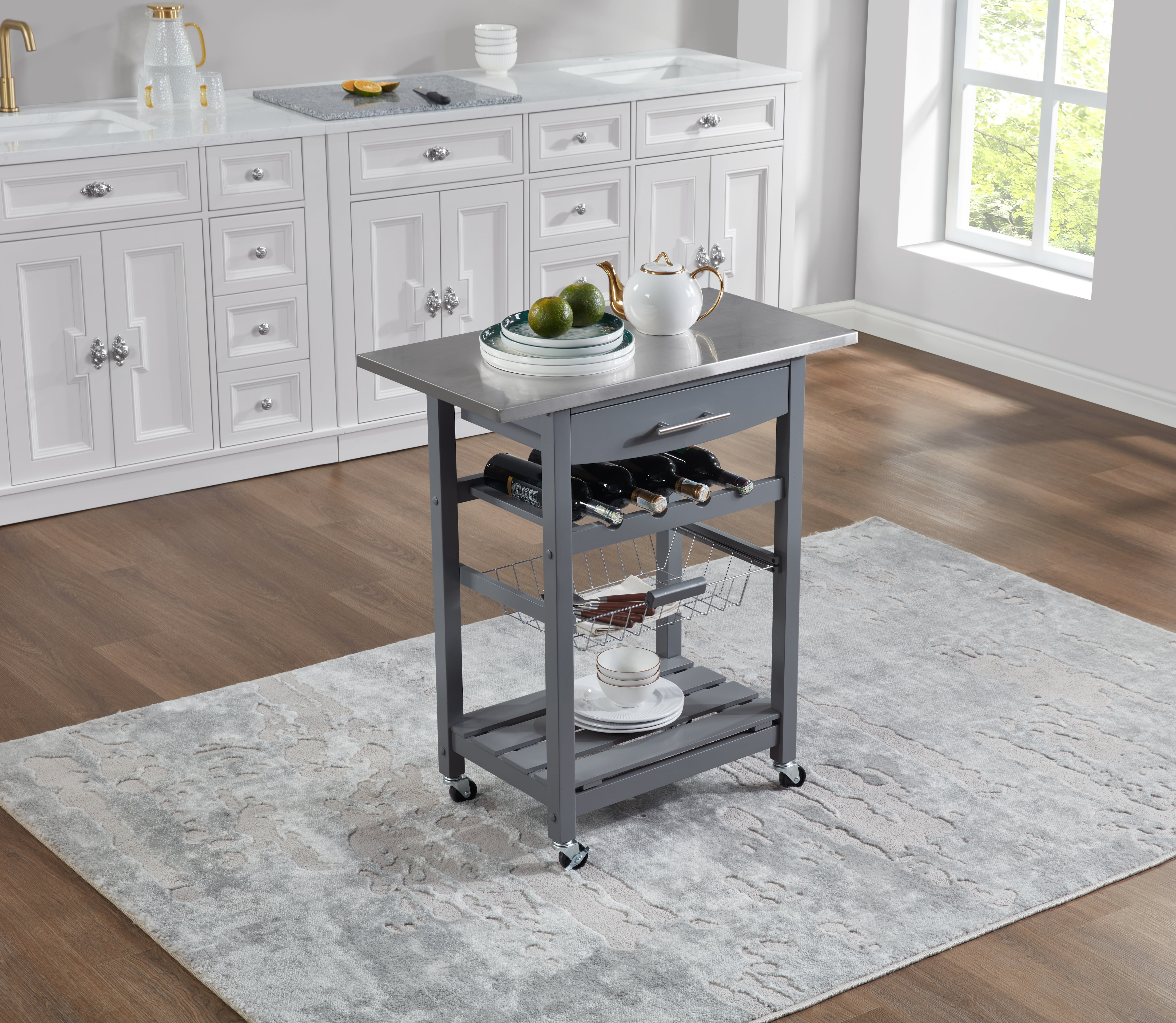 Mobile Rolling Kitchen Island with Stainless Steel Work Surface, Drawer & Storage Basket
