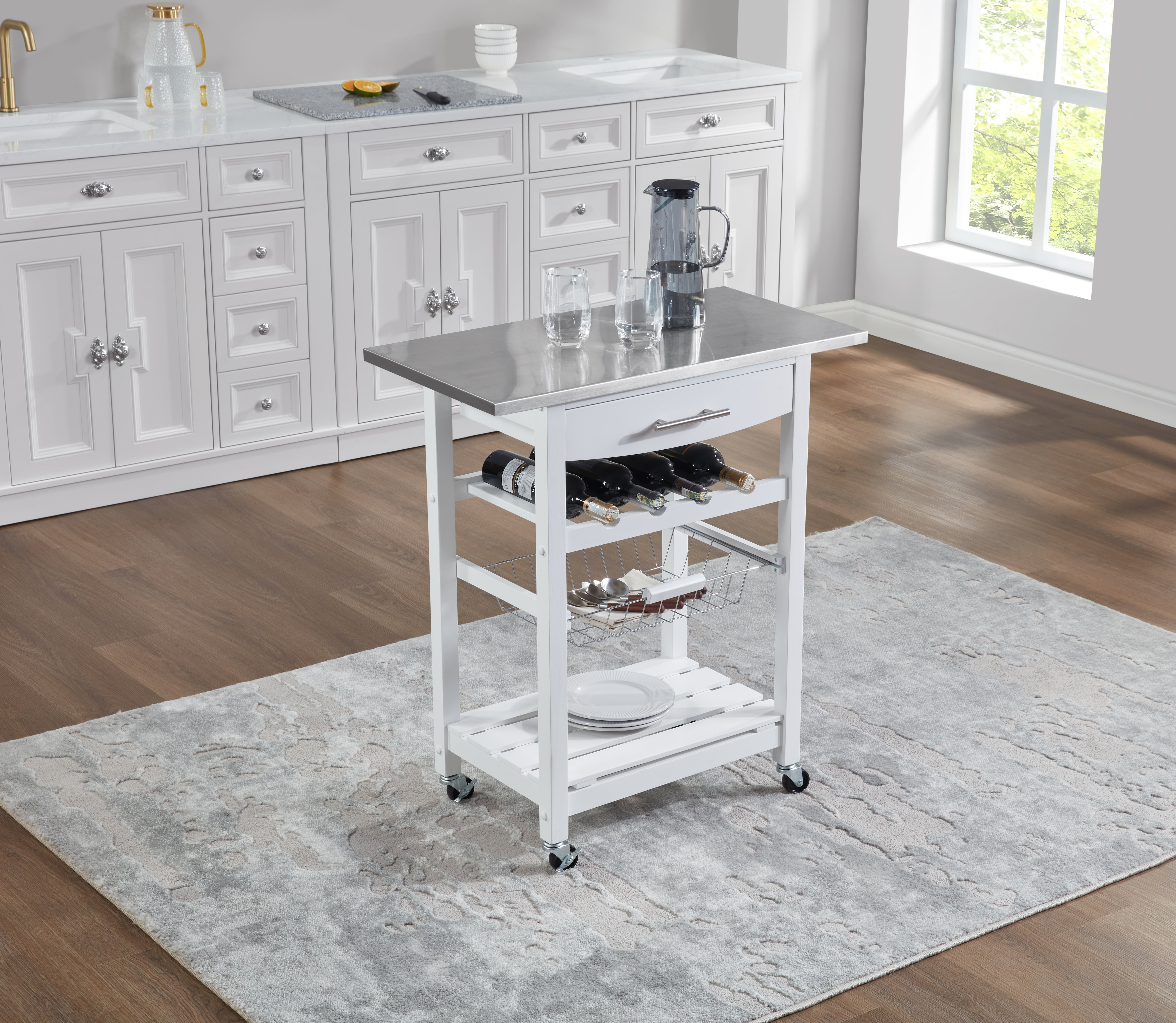 MAYEERTY Mobile Rolling Kitchen Island with Stainless Steel Work Surface, Drawer & Storage Basket