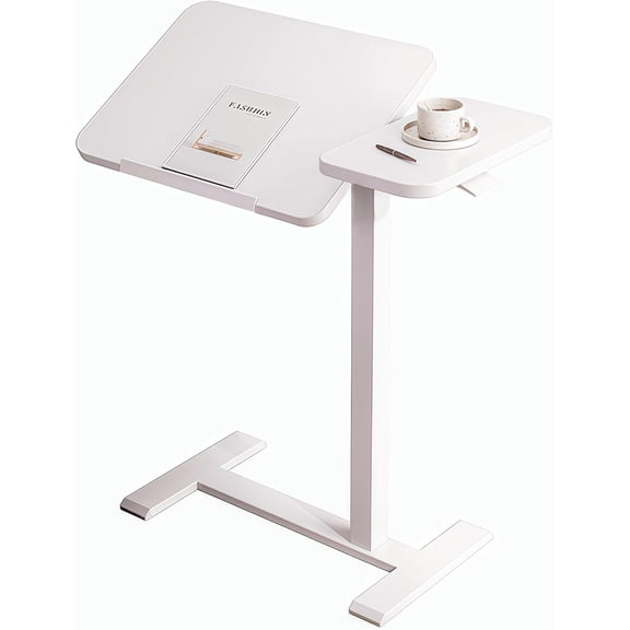Mobile Rolling Laptop Desk with Wheels, Adjustable Height Overbed Table with Tilting Top, Bedside Table Cart with Mouse Pad for Bed, Couch, Sofa (White)