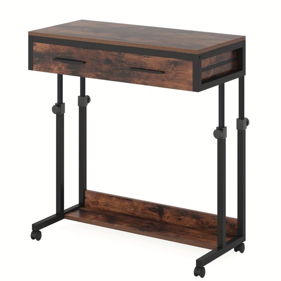 Mobile Rolling Laptop Desk with Adjustable Height and Storage Drawers, Compact Portable Standing Desk for Home Office Use in Grey Finish