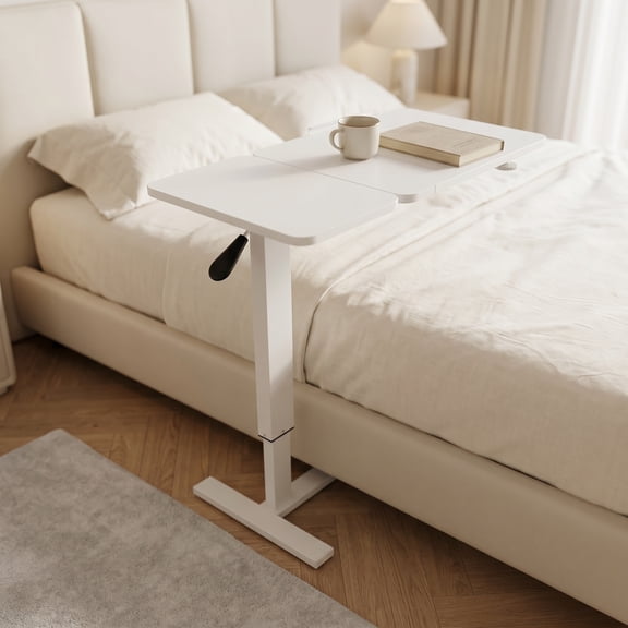 Mobile Rolling Laptop Stand Tilting Overbed Table with Wheels, White, Durable Build