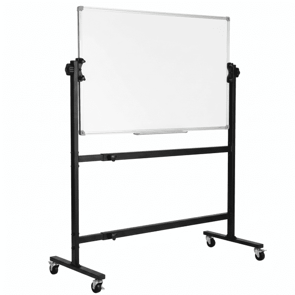 Mobile Rolling Magnetic Whiteboard, Double-Sided 360 Reversible Dry Erase Board, Adjustable Height Standing Whiteboard with Lockable Wheels Removable Tray, For Office Training, Black
