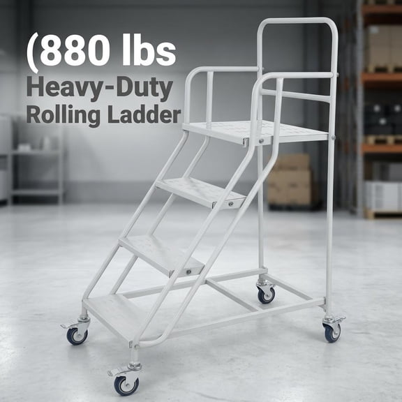 Mobile Rolling Step Ladder,28in W x 50in H, Industrial Non-Slip 4-Tier Stool with Lockable Casters, White Steel Safety Handrail Platform, 880lbs Capacity, Smooth Move for Workshop Bookroom